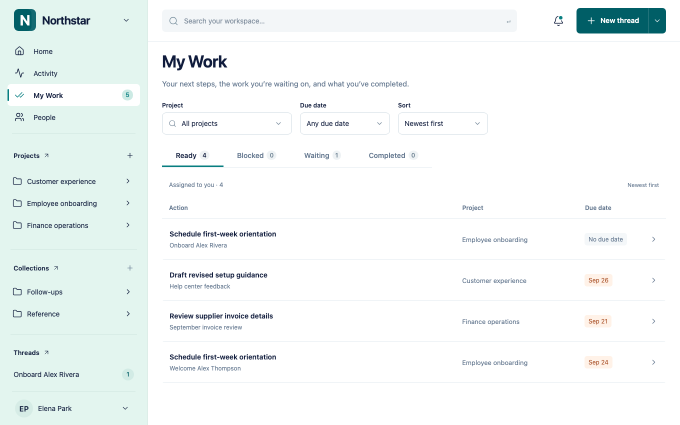 The My Work queue showing assigned actions and their current status.