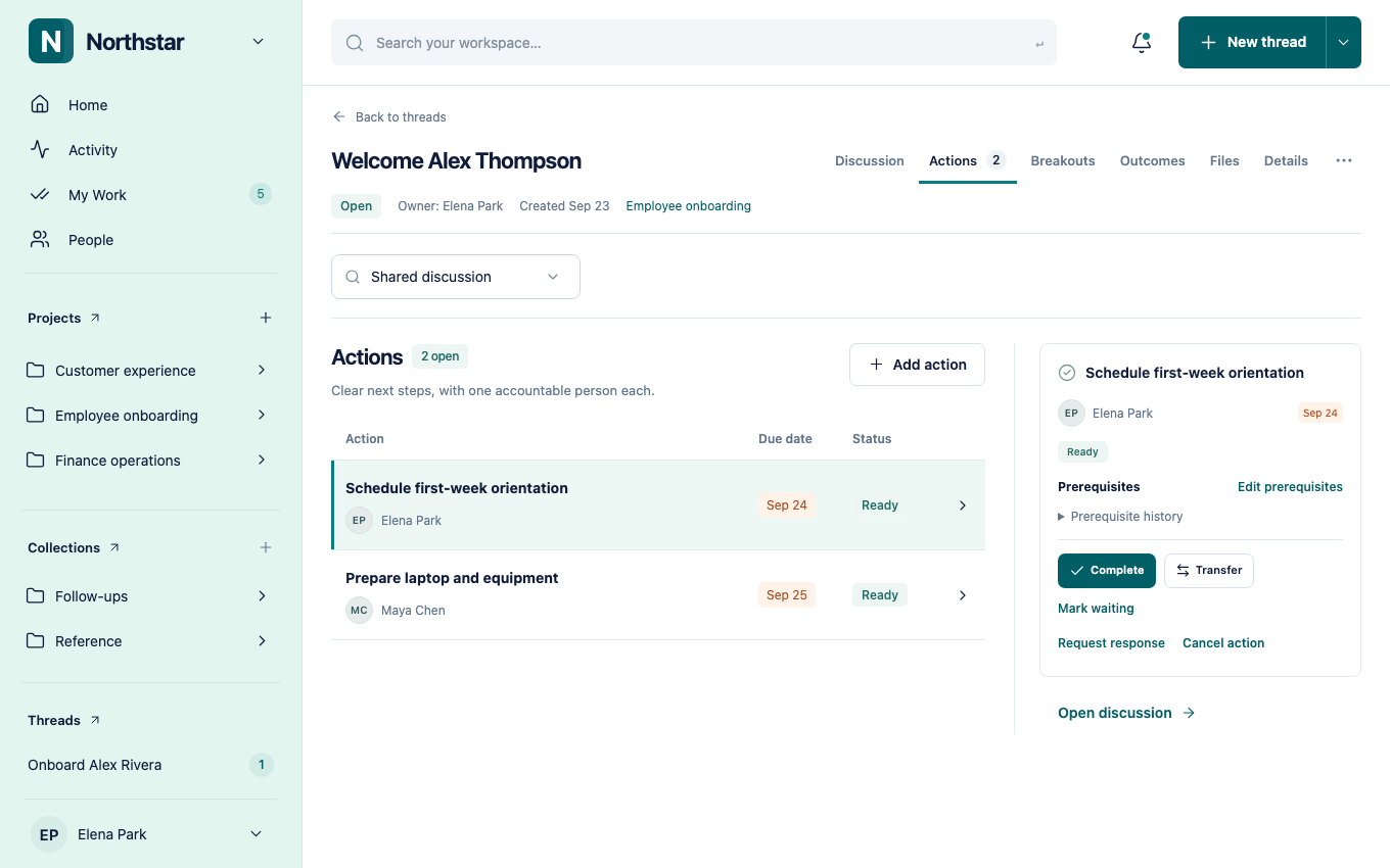 A Taskand onboarding thread with named action owners, due dates, and action details.