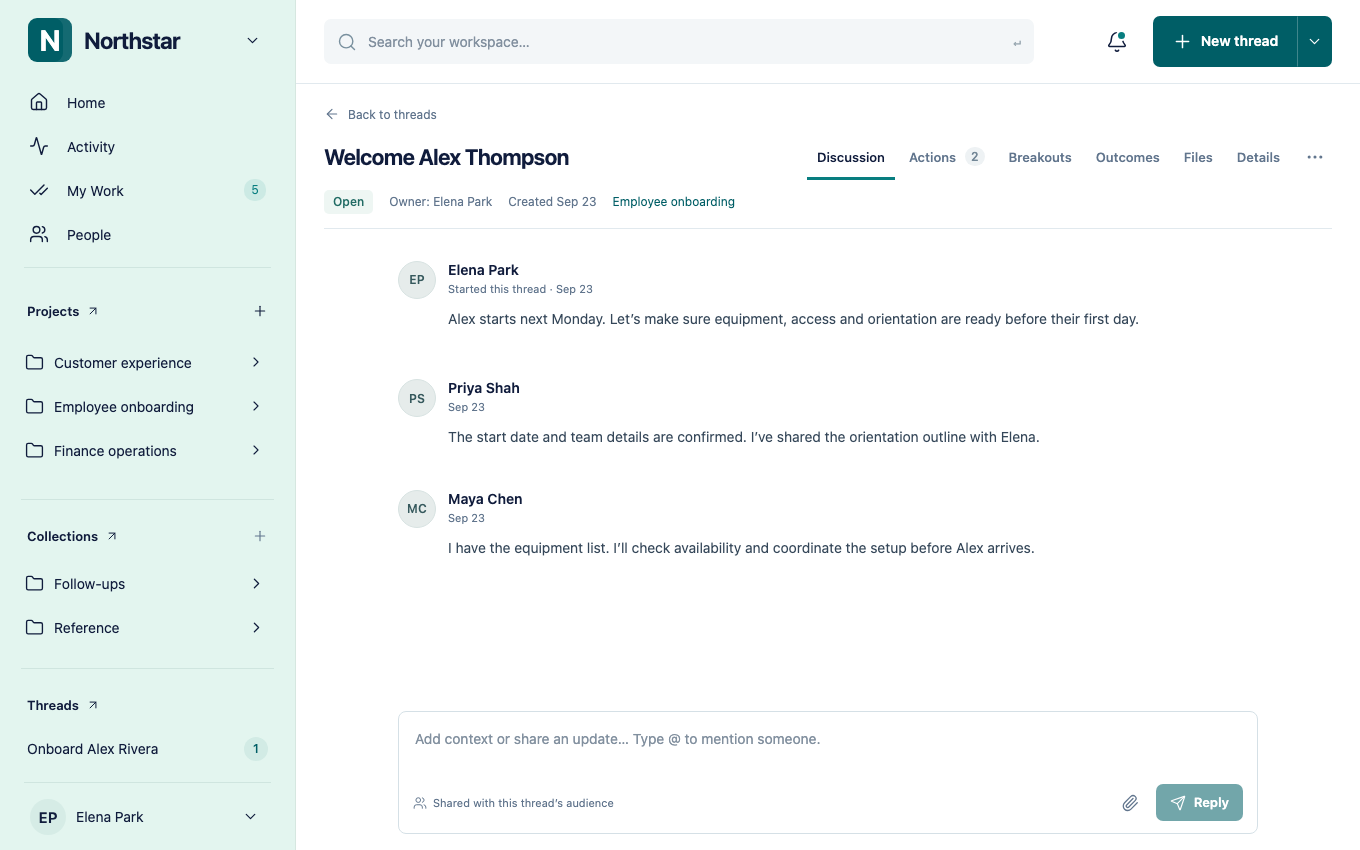 The shared discussion in an employee onboarding thread.